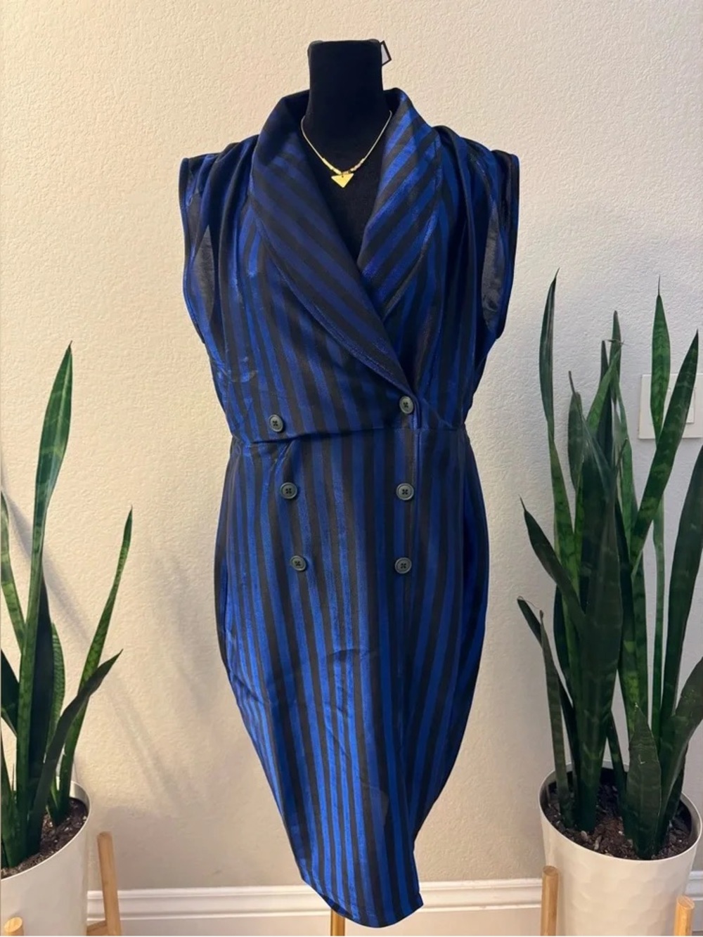 Sleeveless Blue and Black Striped Double-Breasted Midi Dress
